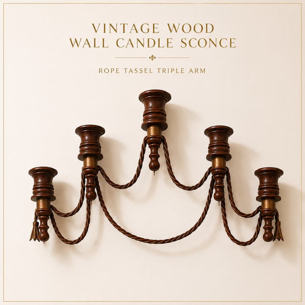 Vintage Wood Wall Candle Sconce Set Rope Tassel Triple Arm Decor